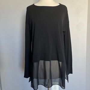 Eileen Fisher Black Tunic Stretch Silk Jersey Sheer Hem Top Casual Blouse